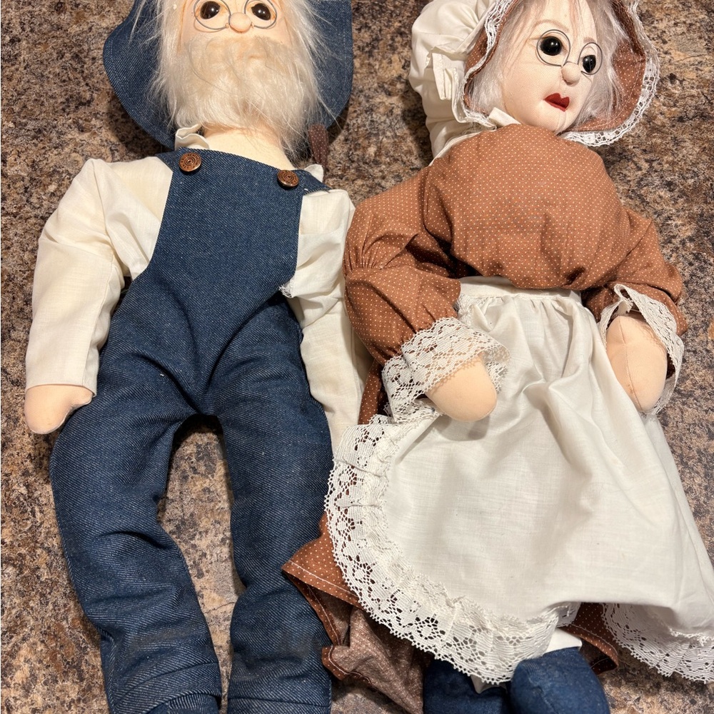Handcrafted Blue and Brown Cloth Grandma & Grandpa Doll Set